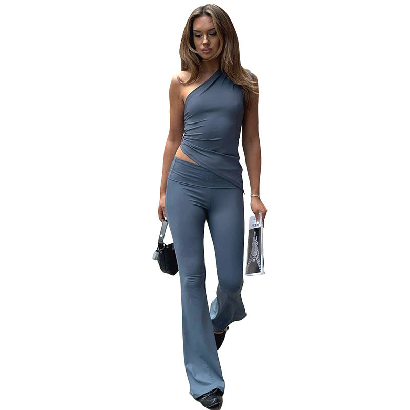 Asymmetrical Fitted Top With A Slanted Single-shoulder Design Paired With Flared Hip-hugging Pants