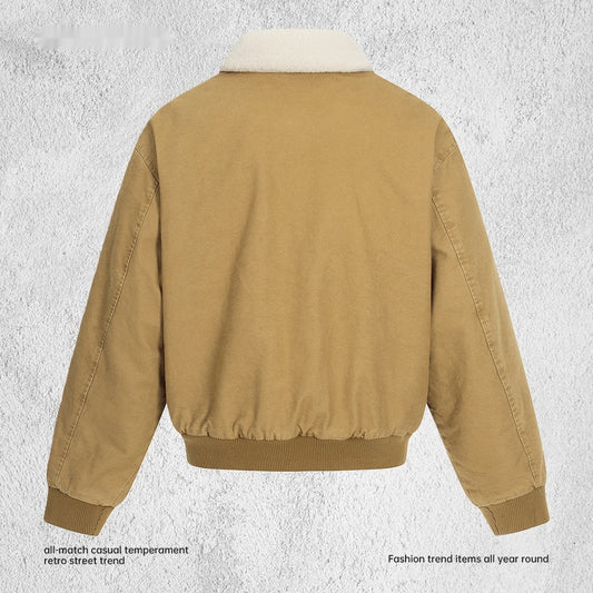 Contrasting Color Fleece-Lined Jacket With Fur Collar Men's Loose Fit