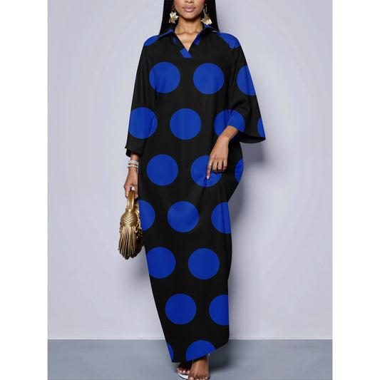 Casual, Chic Polka-dot Print Loose-fitting Dress With Batwing Sleeves For Women