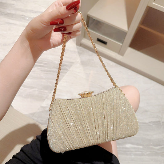 Shiny Pleated Evening Party Dress One Shoulder Prom Bag