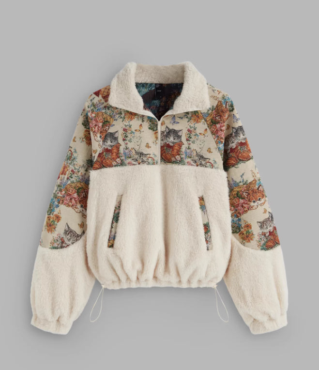 Women's Turn-down Collar Floral Cat Tie Hoodie