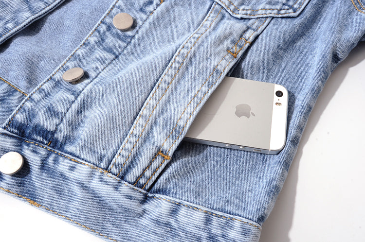 Jaqueta jeans de manga longa com flores bordadas pesadas