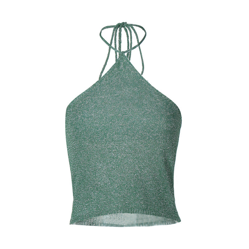 Solid-color, Versatile, Form-fitting Knit Camisole With A Wrap-style Bust And Halter Neck