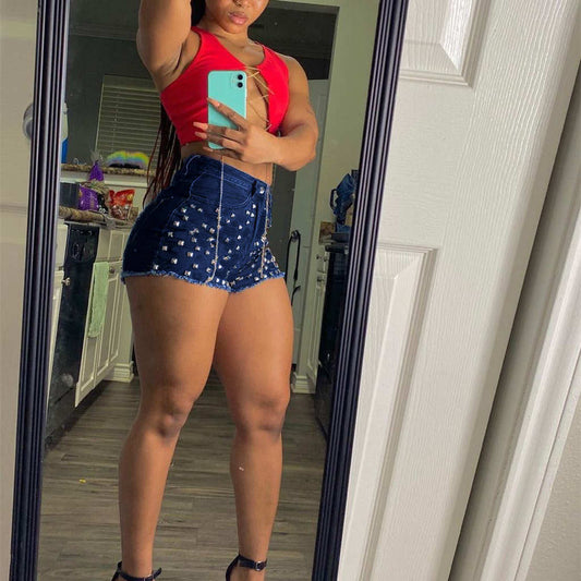 European And American Women's Fashion Nails Brushed Edge Denim Shorts