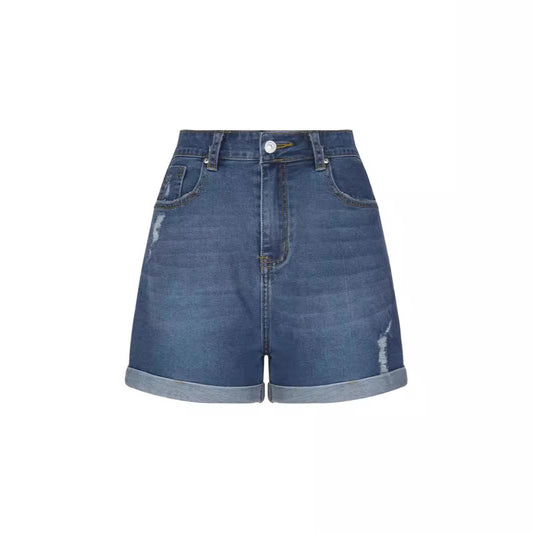 Straight Slim-fit Worn-out Curling Denim Shorts