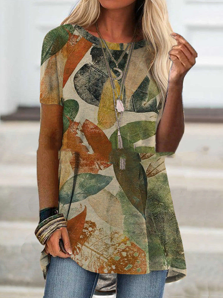 Dame løs T-shirt med print og rund hals og lange ærmer