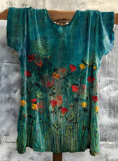 Vintage Floral Art Cotton T-shirt