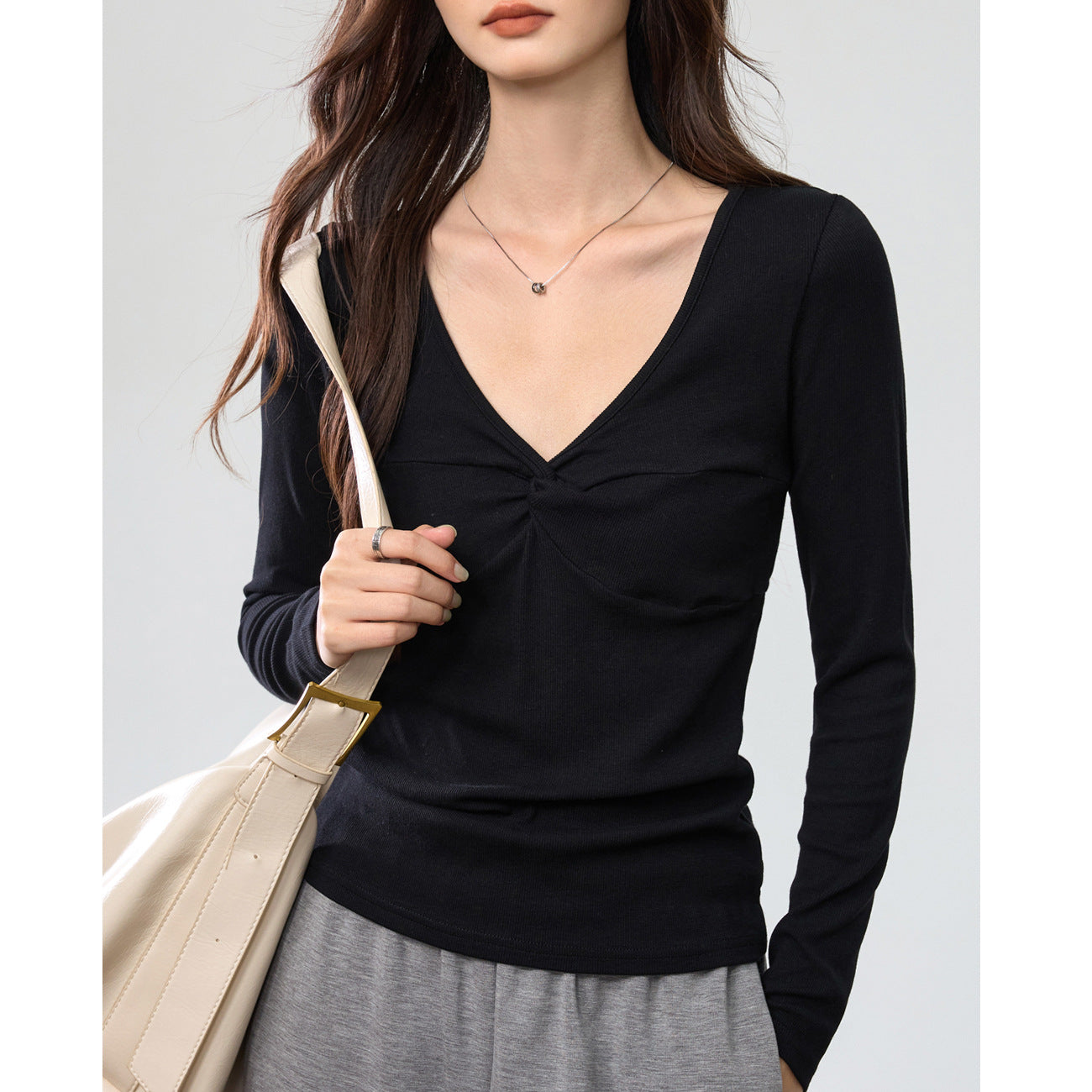 Women's Elegant Deep V-neck Knot Long Sleeve Top