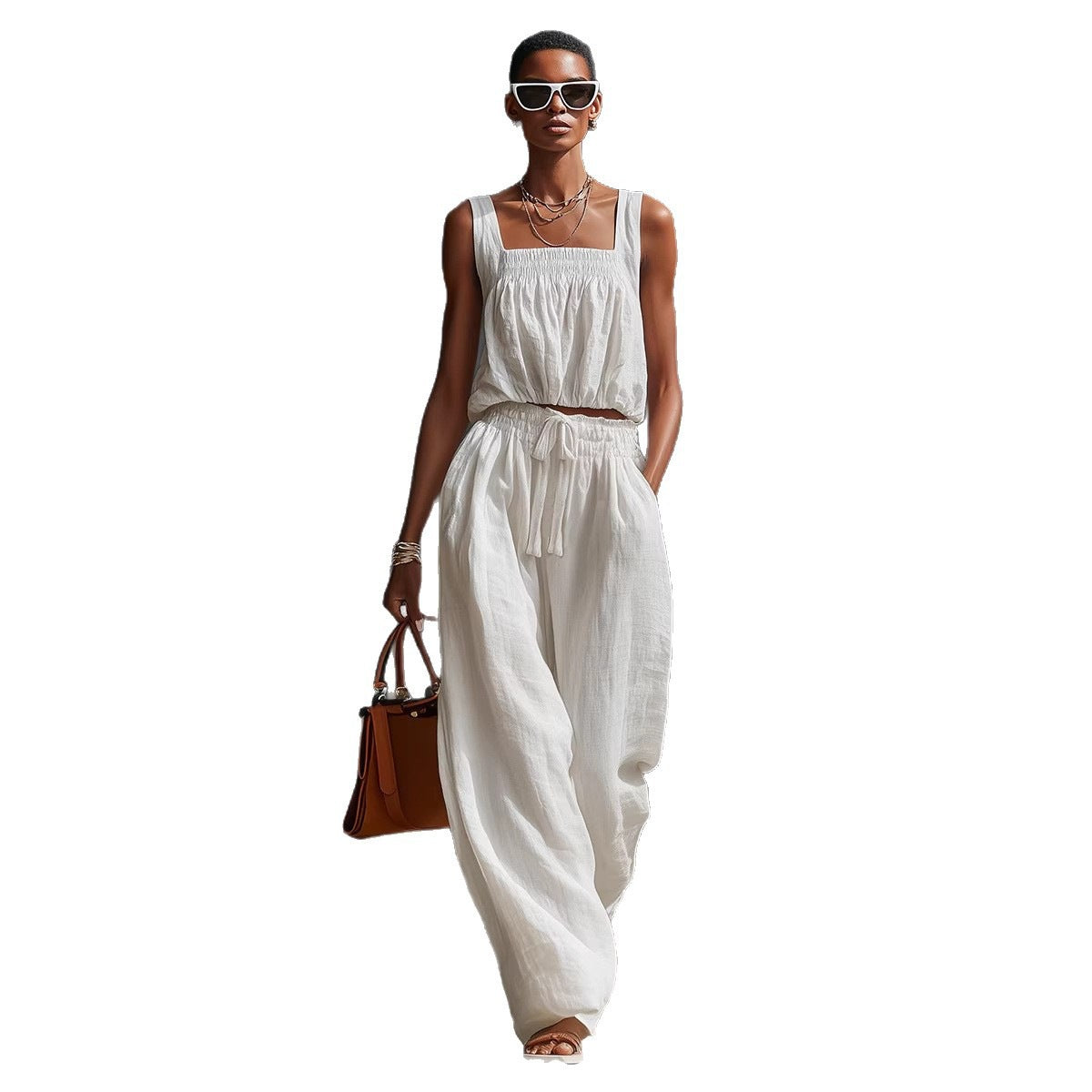 Sleeveless Loose Off-Shoulder Set Womens Wide-Leg Pants Two-Piece Set