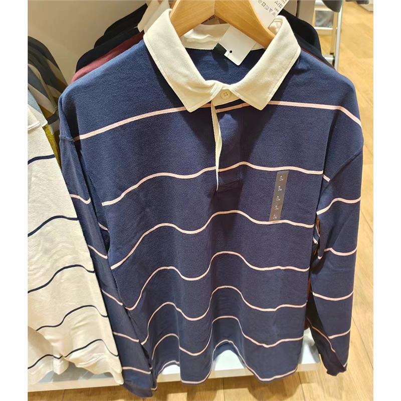 Casual Polo Shirt Long-sleeve Loose-fit Striped T-shirt
