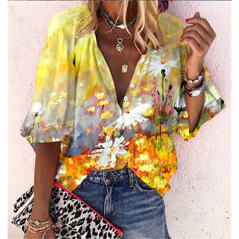 Floral-print Long-sleeve Top Fashionable V-neck Blouse For Women 3D