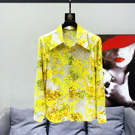 Hawaiian Style Yellow Printed Shirt Men's Loose Drooping Padded Shoulder