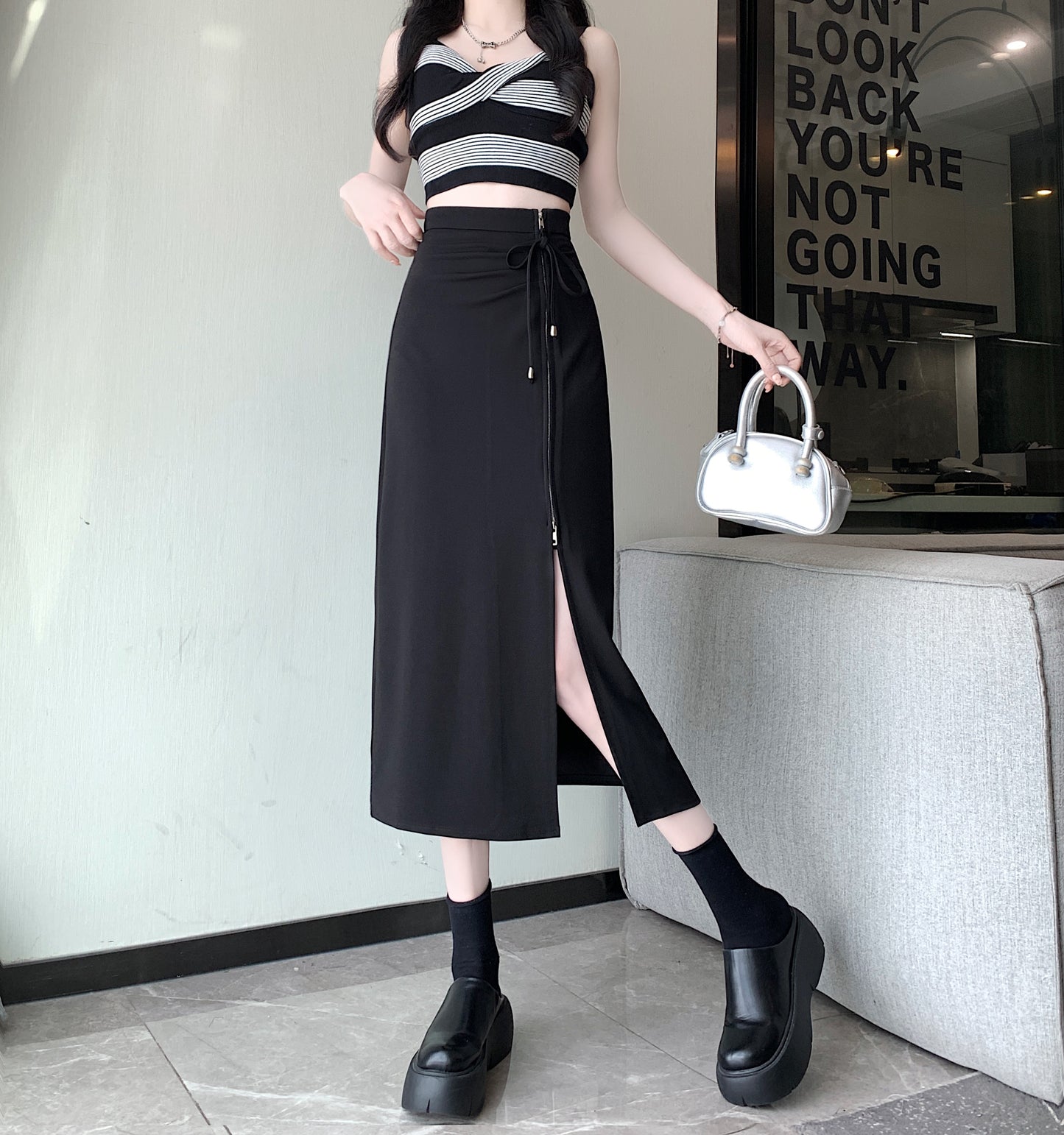 Irregular Slit Pleated Mid-length High Waist Sheath A- Line Skirt