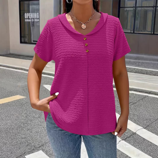 Pleated Fabric Solid-color Faux-button Doll-collar Top T-shirt