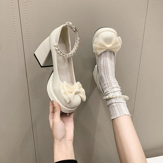 2026 Spring Sweet Bow & Pearl Mary Jane Heels For Women-Cute Platform Block Heel Pumps For Dressy Outings