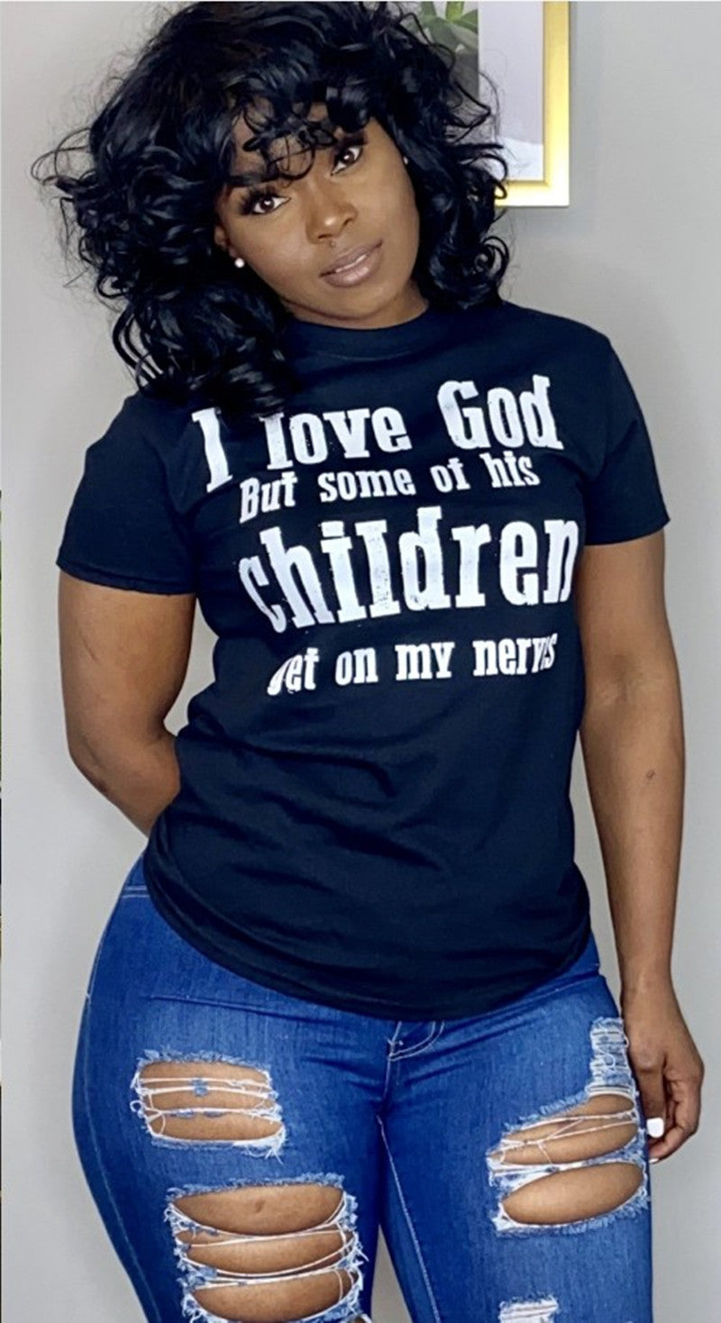 Printed Letters I Love God Round Neck Short Sleeve Ladies T-Shirt