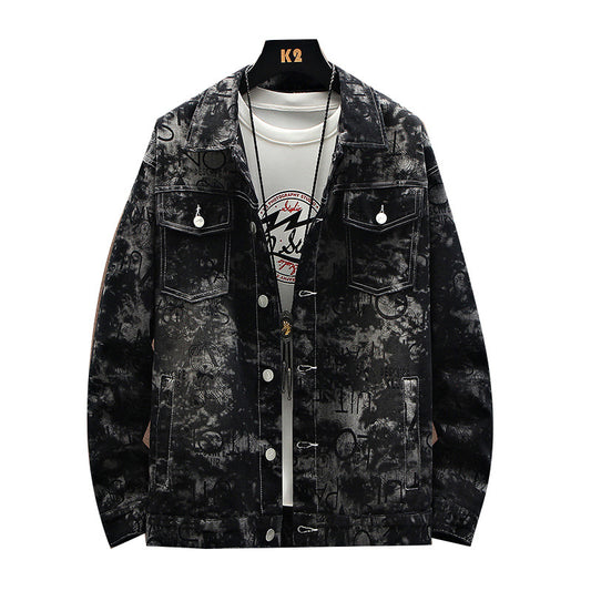 Herre løs plus size trendy denimjakke med print