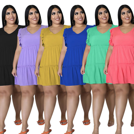 Women's Solid Color Casual V-neck Sleeveless Ruffled Pleated Skirt