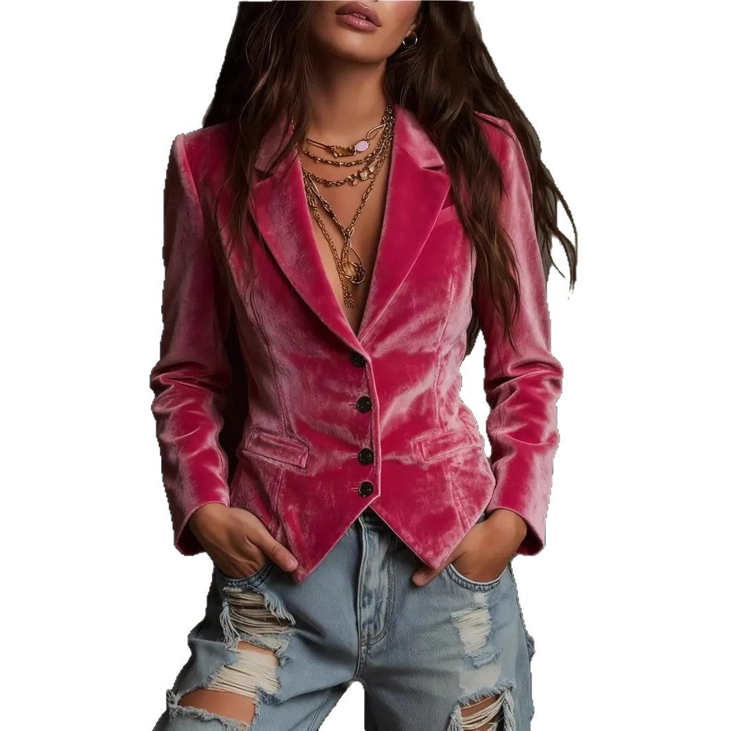 Womens Long-sleeve Shirt-collar Velvet Blazer