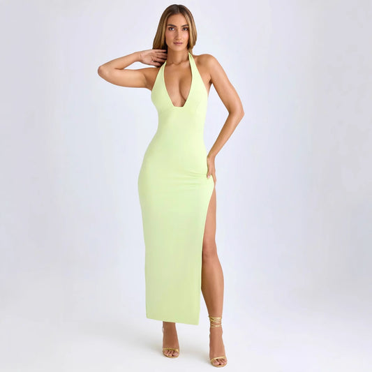 Elegant, Chic Off-Shoulder Halterneck Lace-Up Slit Solid Color Bodycon Dress