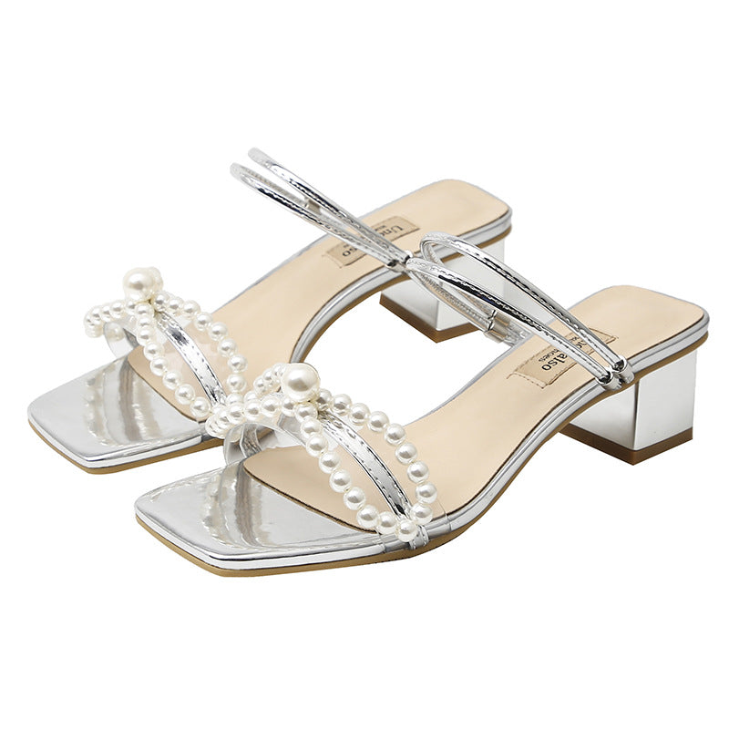 Women's New Bow Pearl Chunky Heel Sandals