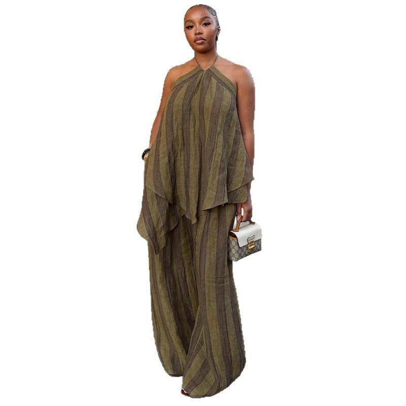 Neck-hanging Sleeveless Asymmetrical Top And Wide-leg Trousers Set