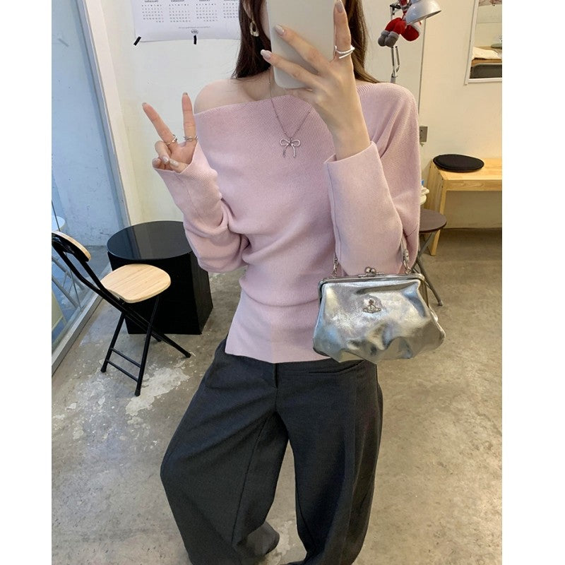 Lazy Wind Diagonal Shoulder Knit Bottoming Shirt