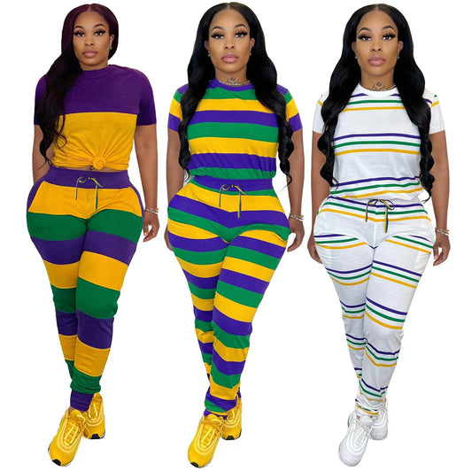 Striped Position-Printed Crew-Neck Short-Sleeve Pants Set