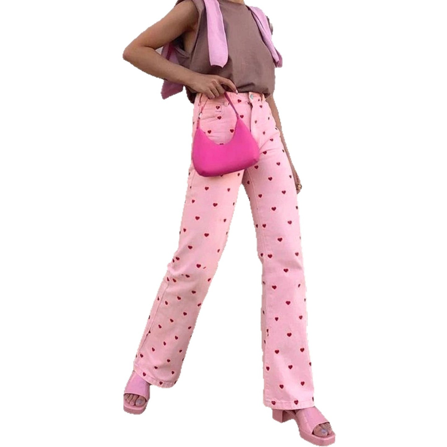 European And American Denim Pink Heart Wide-Leg Pants
