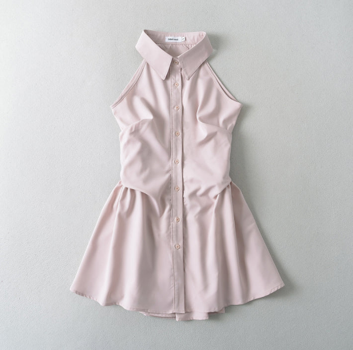 Summer New Pure Desire Style Slim Fit Slimming Waist Pleating Sleeveless Shirt Dress Polo Collar Dress