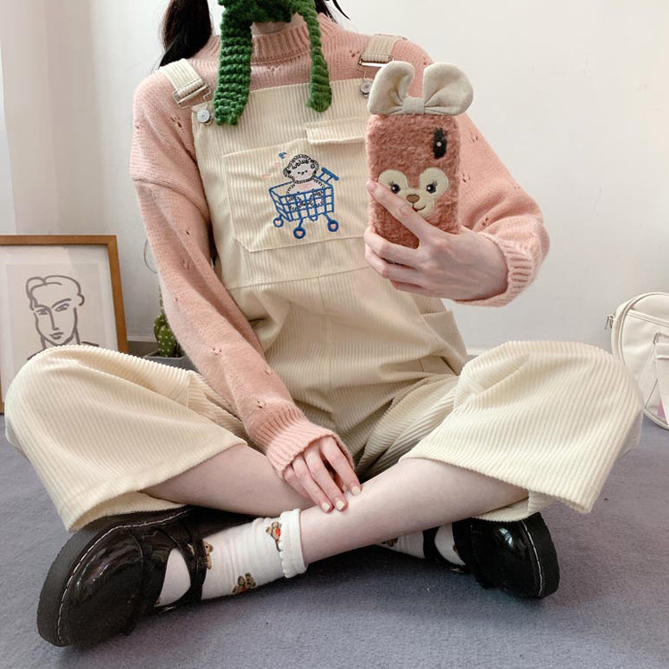 Korean Student Girl Corduroy Overalls Shopping Cart Embroidery Straight Leg Casual Trousers Women