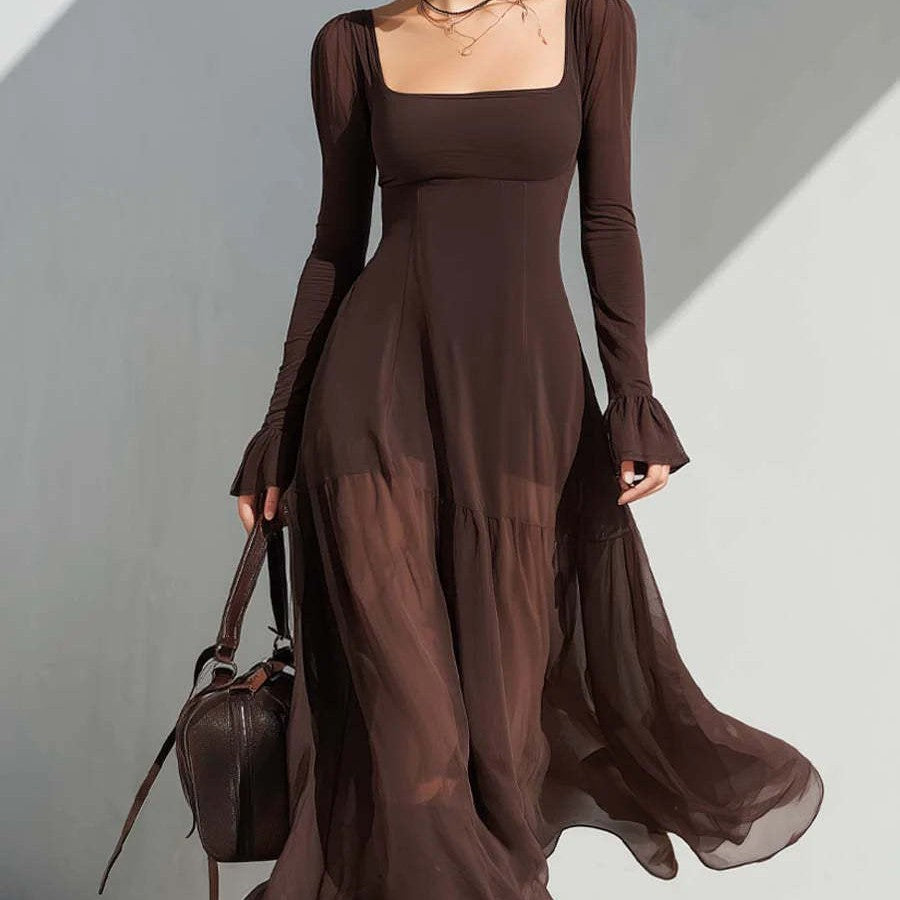 Womens Solid-Color Long-Sleeve U-Neck Dress