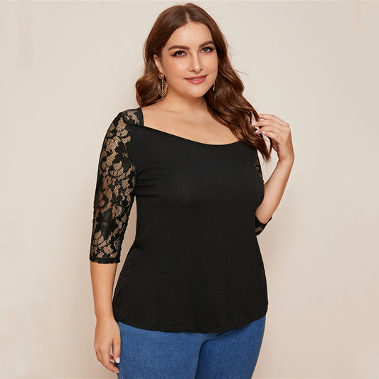 Lace Stitching Sleeve Five-point Sleeve T-shirt Top