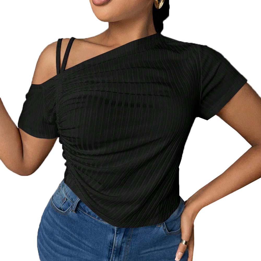 New Slim-fit Off-shoulder Diagonal Neckline Solid Color T-shirt