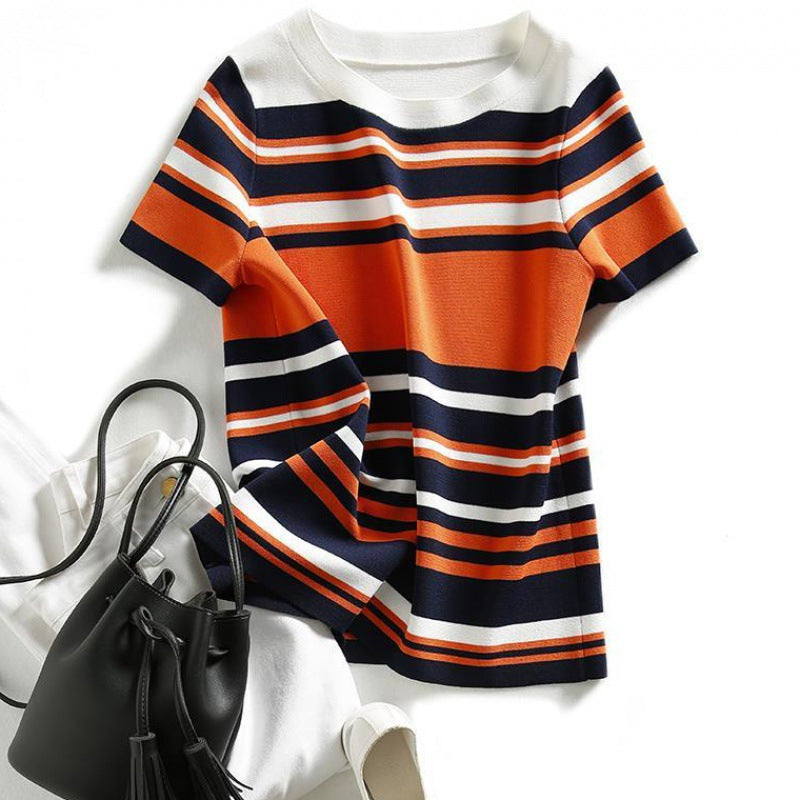 Color-block Crew-neck Knit Top Loose-fitting Sweater