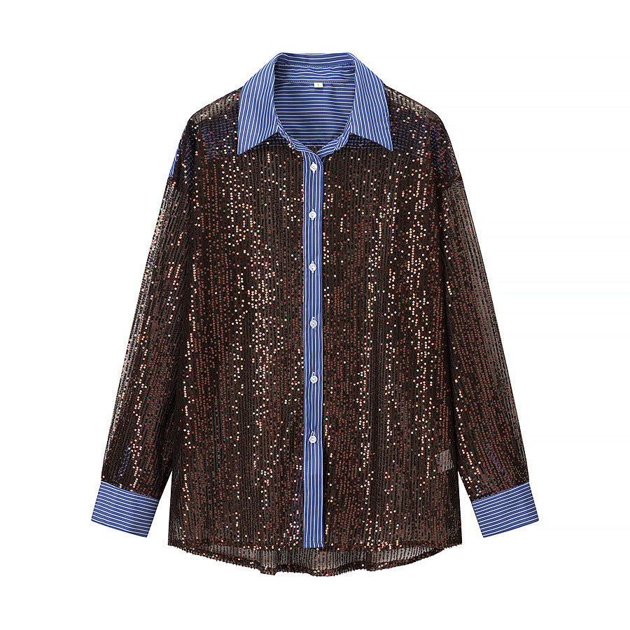New Spring And Autumn Slim-fit Long-sleeved Sequined Shirt