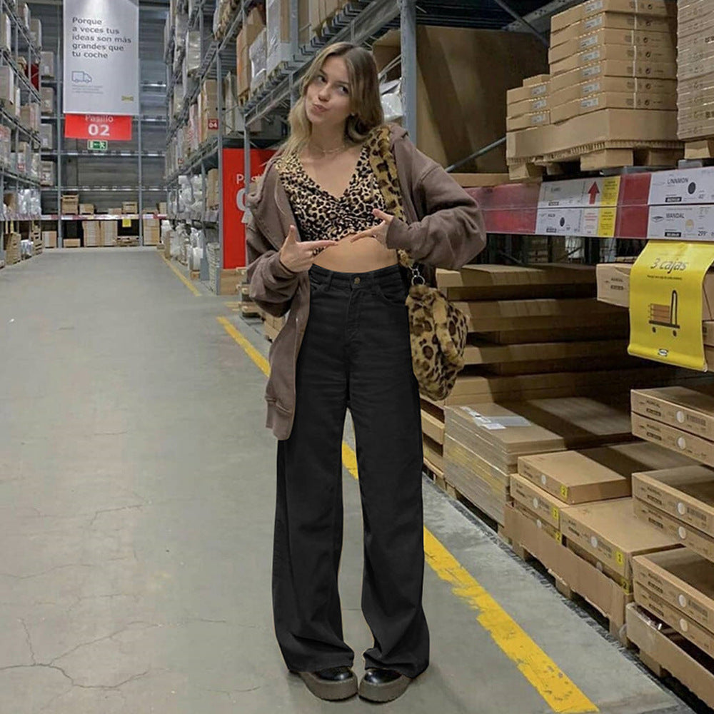 Corduroy High Waist Casual Long Slim Straight Wide Leg Pants