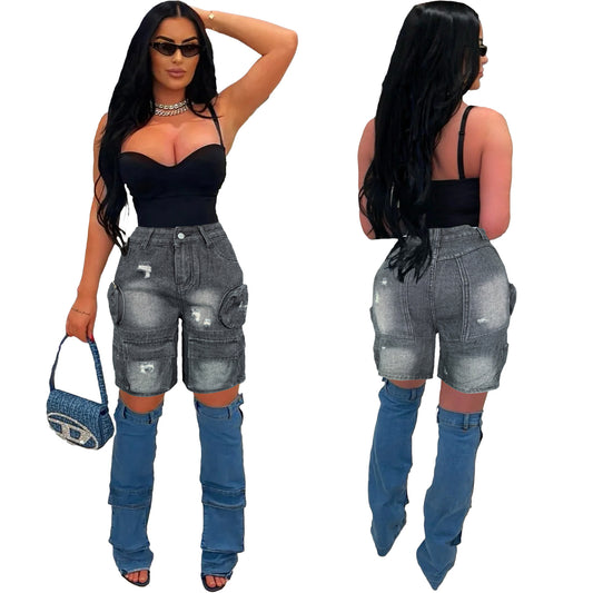 Women's Washed Pocket Ripped Cropped Pants Denim Shorts