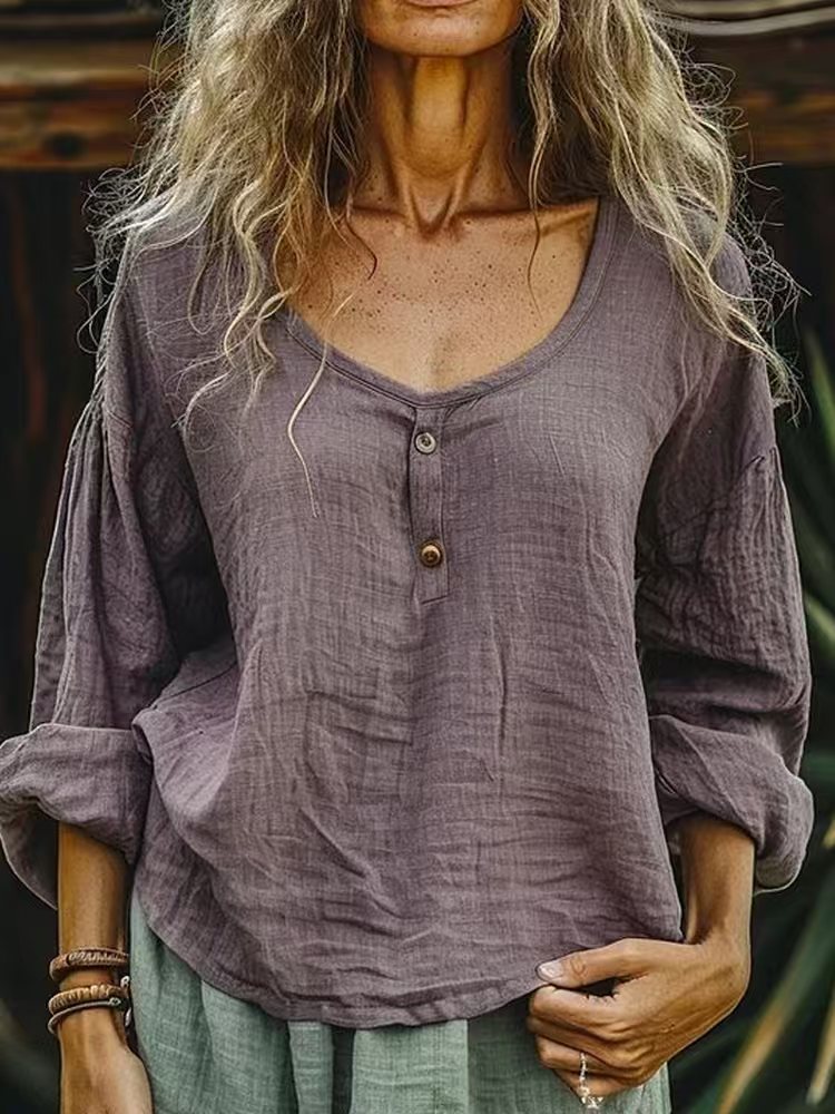 Women's Casual Loose Fashion Long Sleeve Linen Solid Color Top