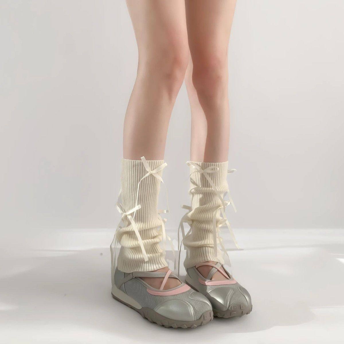 Womens Solid Color Bow Bow-Knot Mid-Calf Socks