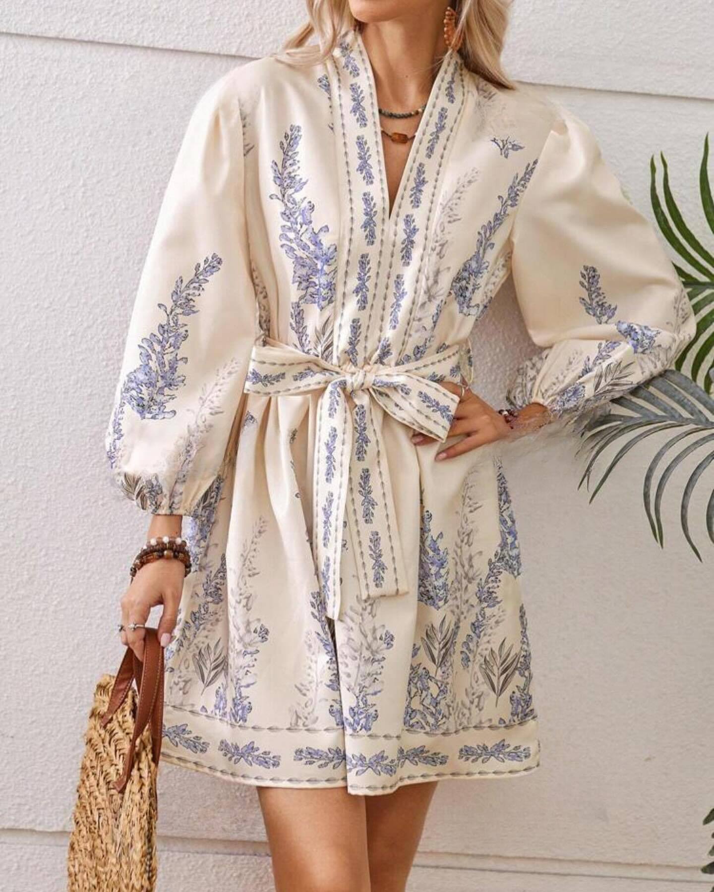 Stylish V-neck Long-sleeve Bohemian Print Dress