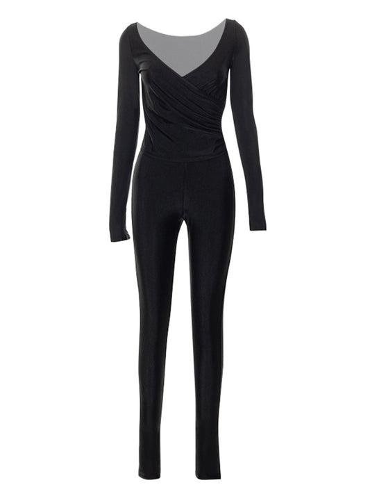New Solid Color And V-neck Finger Fit Design Long-sleeved Trousers Casual Suit Women