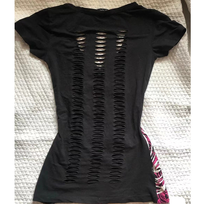 Summer Retro Black Womens T-Shirt With Ripped Back Style
