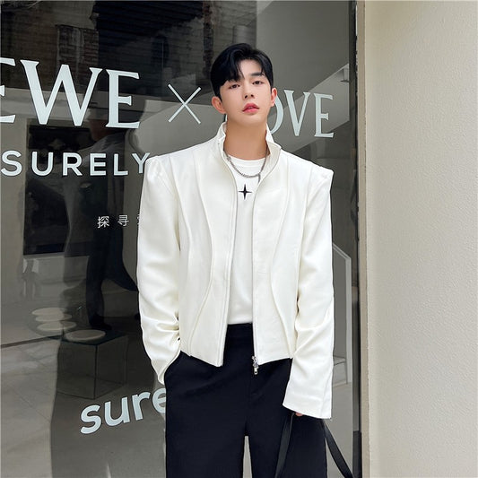 High Street Trendy Silhouette Padded Shoulders Deconstructed Short Jacket Men