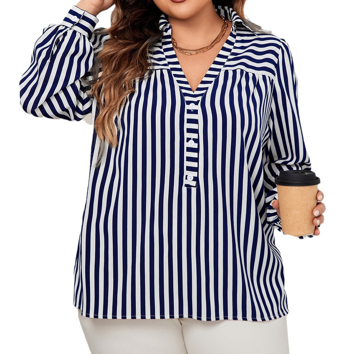 Blue And White Striped Shirt Top European And American Temperament Commuting