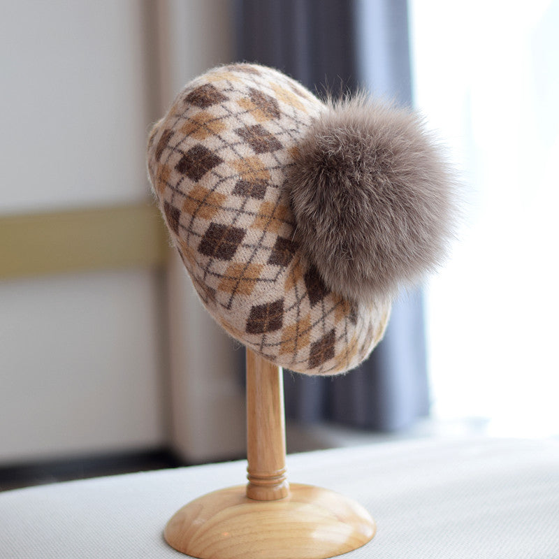 Women's Autumn And Winter Check Fur Ball Wool Beret