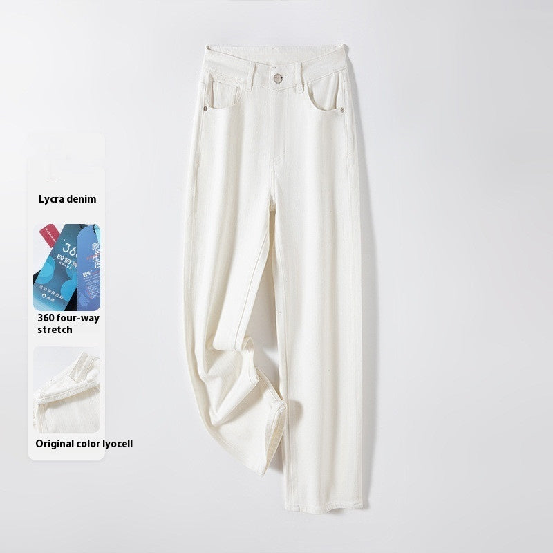Straight-leg Pants Lyocell Cropped Primary Color High Waist Drainpipe Pants