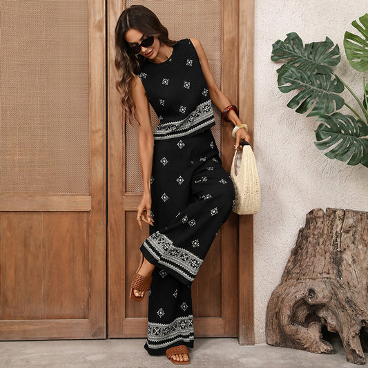Retro Resort-Style Two-Piece Set In Black With Ethnic Geometric Print For Women