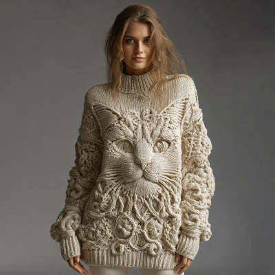 Womens 3D Digital-print Crew-neck Loose Sweater