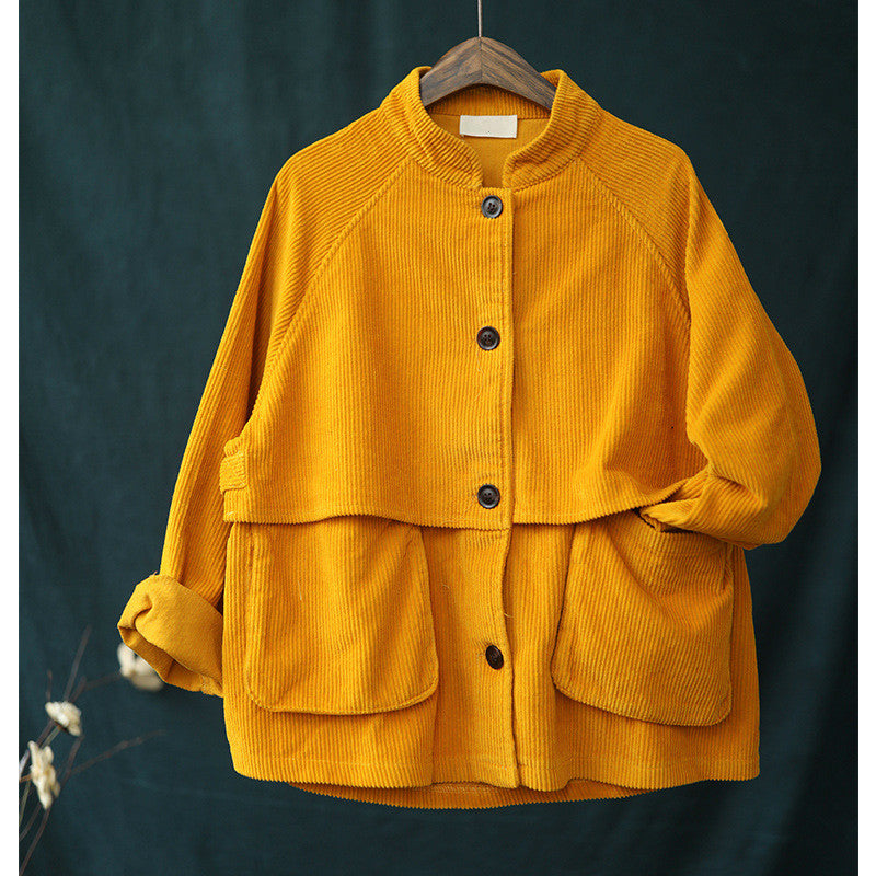 Short Stand Collar Long Sleeve Corduroy Jacket